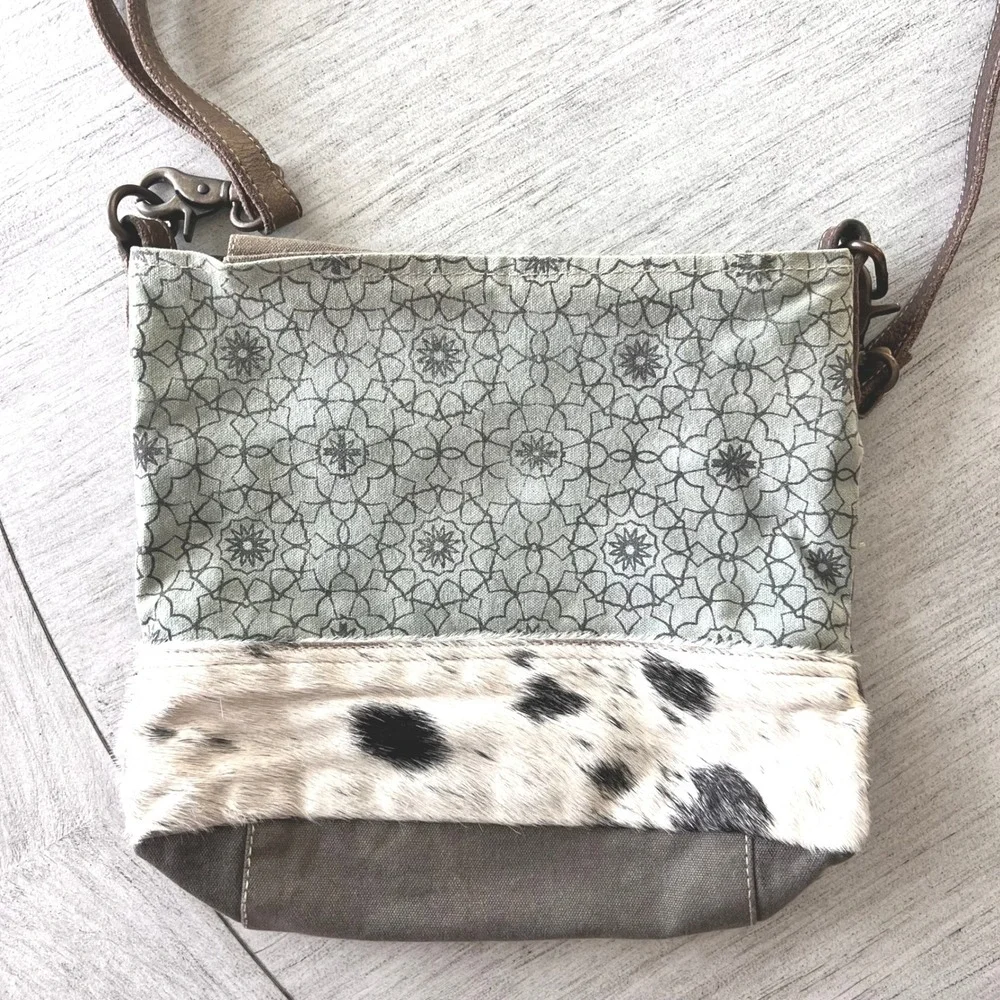 Myra Bag Upcycled Canvas Rug Cowhide Crossbody Bag Green Brown S-1250